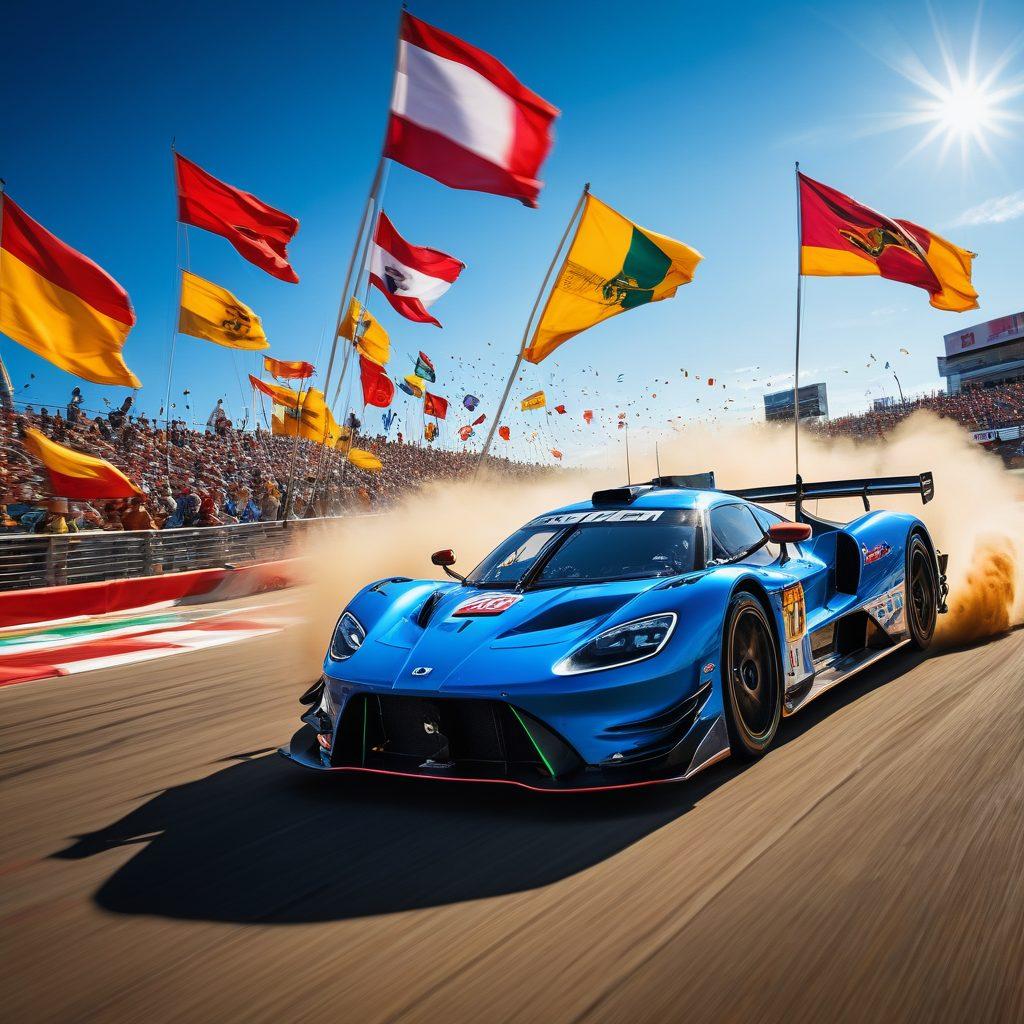 A dynamic racing scene showcasing diverse racers in colorful, high-speed vehicles navigating a treacherous racetrack. The atmosphere is filled with excitement and adrenaline, with cheering crowds and vibrant flags waving. Elements of safety gear and advanced technologies should be visibly incorporated, highlighting both thrill and security. Include a bright blue sky and energetic motion effects to convey a sense of joy and exhilaration. super-realistic. vibrant colors. action-packed.