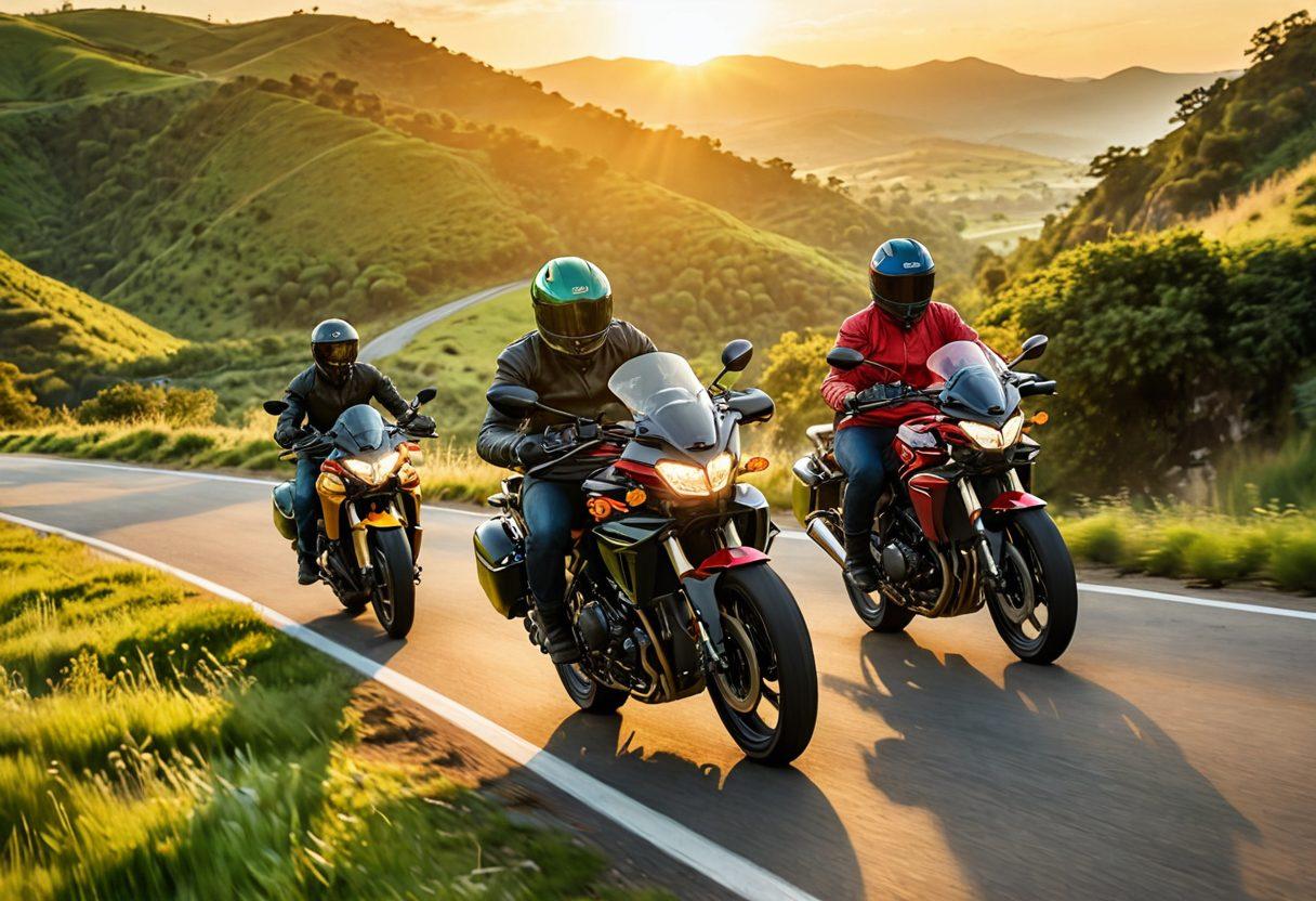 A dynamic scene showcasing an exhilarating high-speed adventure, featuring a joyful group of diverse individuals riding vibrant motorcycles on a winding road surrounded by lush green hills. They are laughing and enjoying the thrill, with the sun setting in the background, casting warm golden light. Safety gear is prominently displayed, emphasizing joy without compromising safety. Elements of motion blur to convey speed and excitement. vibrant colors. super-realistic.