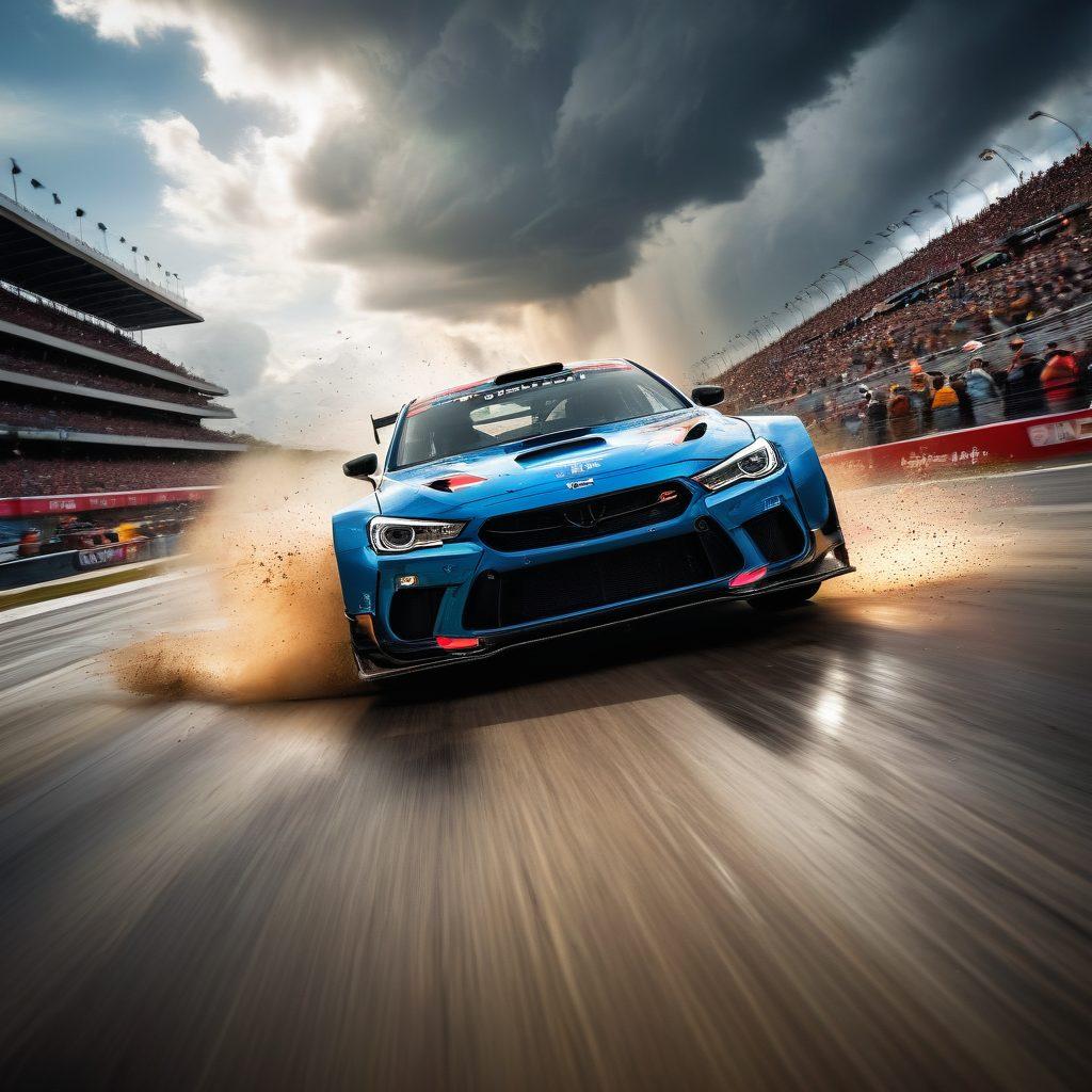 A dynamic race scene depicting a skilled driver expertly maneuvering through a sharp turn, showcasing defensive tactics with adrenaline-fueled intensity. In the background, competitors are close behind, adding suspense with expressive facial traits of focus and determination. Include vibrant racecars with striking colors, flying debris, and a cheering crowd to enhance the sense of excitement and safety. Capture the excitement of the moment with a dramatic sky and motion blur. super-realistic. vibrant colors. dramatic lighting.